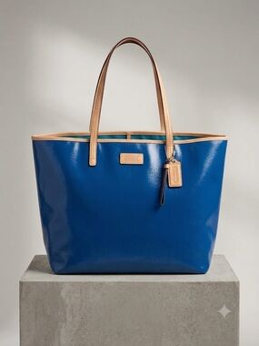 Coach Royal Blue Patent Tote with Tan Leather Trim